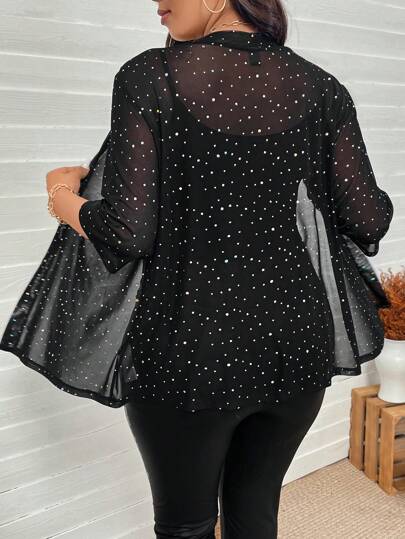 SHEIN LUNE Women Plus Size Rhinestone Embellished Mesh Sheer Jacket,Black And White,Autumn,Elegant,Night Out Club,Old Money Style,Party Business Casual Tops