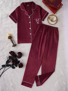 LuxeNights 2pcs Imitation Silk Heart Embroidered Short Sleeve Top And Pants Pajama Set - Maroon - View 3