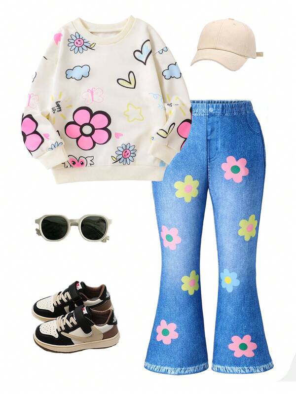 SHEIN Young Girls Casual Floral Print Hoodie And Denim Effect Flared Pants 2 Pieces Outfit Set