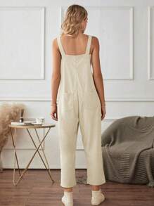 SHEIN LUNE 素色口袋貼布背帶連身褲不附吊帶上衣 - 米色 - 查看 2