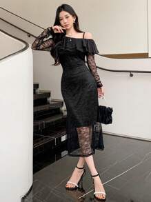 DAZY Vestido midi con volantes asimétricos de encaje y parches, adecuado para citas, bailes de graduación y ropa de otoño