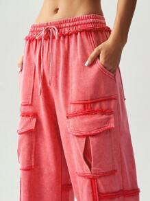 Bohemela 1 pieza Pantalones anchos de punto de unicolor con bolsillos 3D para mujer, ideal para vacaciones