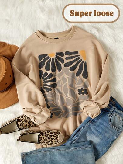 Attitoon Casual geometriskt blommönster för kvinnor, lös passform tröja med rund hals, höst/vinter