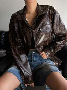 DAZY Women Leopard Print PU Leather Shirt, Minimalist Fashion Casual Everyday