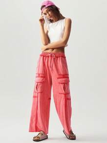 Bohemela 1 pieza Pantalones anchos de punto de unicolor con bolsillos 3D para mujer, ideal para vacaciones