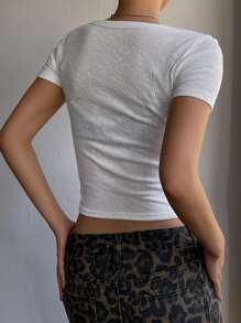 DAZY Women Square Neck Short Sleeve Slim Fit Casual Rib Knit T-Shirt - White - View 4