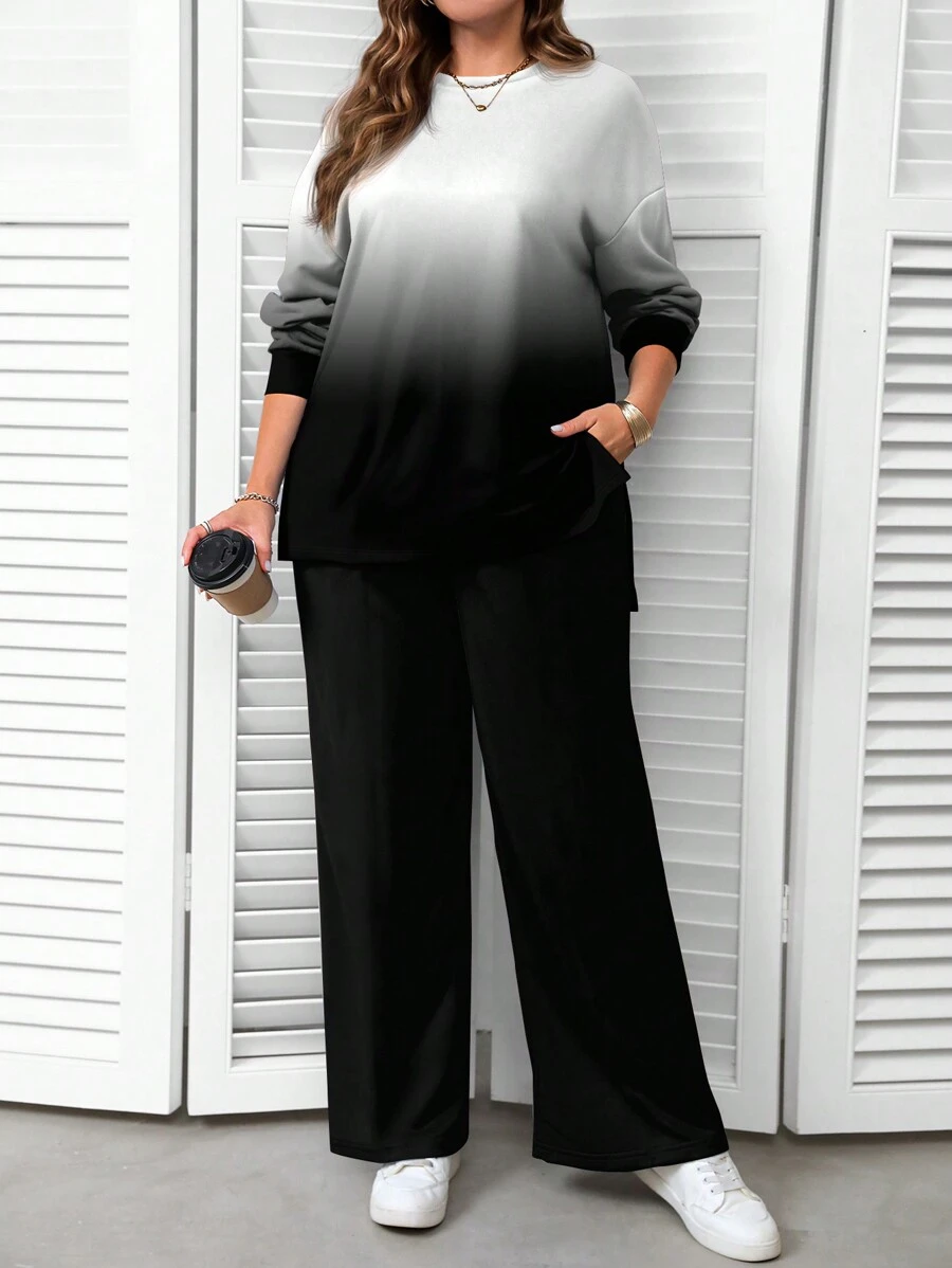 EMERY ROSE Casual Minimalist Ombre Black & White Pattern Loose Fit Crew Neck Long Sleeve Sweatshirt Set, Suitable For Autumn/Winter - White - View 1