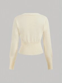 Aveloria Rosie Elegant Contrast Color Rose Floral Decor Asymmetric Lapel Waist Slim V-Neck Long Sleeve Cardigan  - Beige - View 2