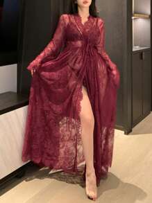 DAZY Romantic Lace Long Waist-Cinched Semi-Sheer Robe Pajama - Burgundy - View 7