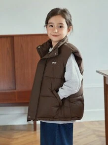 Tween Girls' Loose Casual Minimalist Comfortable Stand Collar Letter Print Sleeveless Warm Cotton Padded Coat