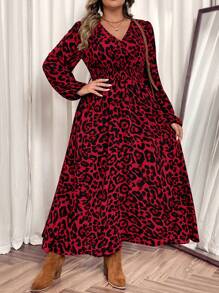SHEIN VCAY Plus Size Lantern Sleeve V-Neck Leopard Print Dress, Vacation Style