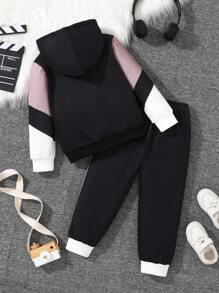 2 pièces/set Jeune garçon pull à capuche et pantalon de jogging avec imprimé lettre patchwork, casual, convient pour l'automne/hiver