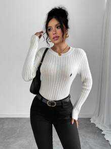 SHEIN Unity Women's Elegant Embroidered Striped Knit Pullover Sweater Knit Pullover Fall Winter - White - View 3