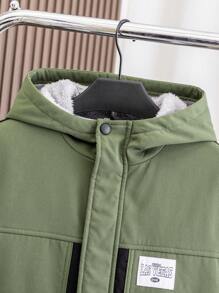 SHEIN Leap Crew Áo khoác chắp vá có mũ trùm đầu cho bé trai tuổi teen thích hợp cho đi làm, đi học, mặc thường ngày, đi chơi, thể thao, phù hợp cho mùa thu đông - xanh quân đội - Xem 4