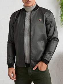 RueChic Men Solid Regular PU College Bomber Jacket - Black - View 1