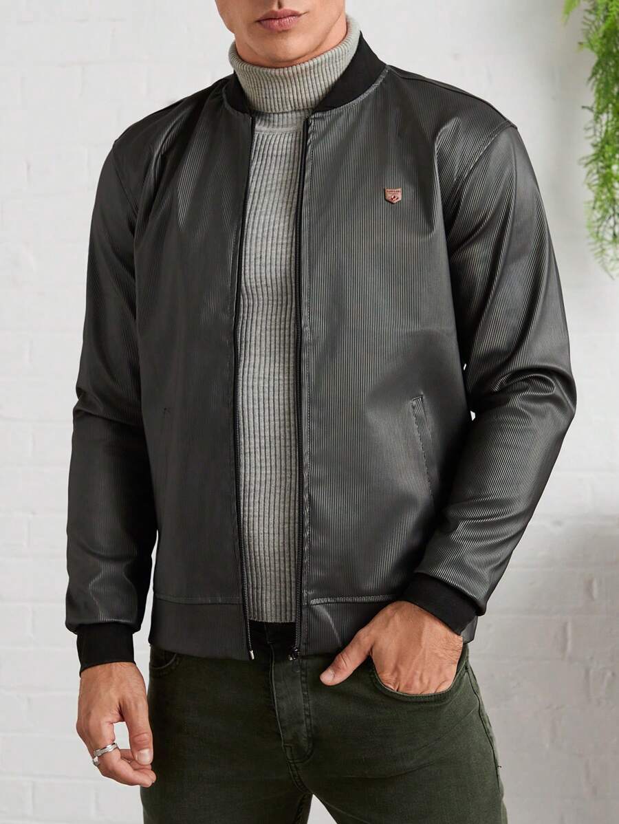 RueChic Men Solid Regular PU College Bomber Jacket - Black - View 1