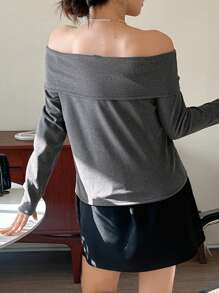 DAZY Women Off Shoulder Solid Color Knit T-Shirt, Dark Gray, Spring/Summer/Autumn Long Sleeve Women Tops,Fall Women Clothes - Dark Grey - View 2