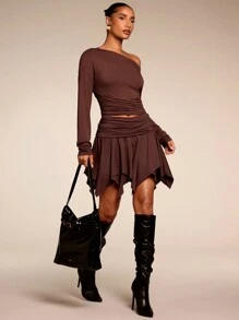 SHEIN BAE 女士纯色褶饰不对称下摆 A 字短裙