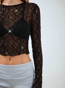 SHEIN EZwear Damska czarna bluzka z siateczki, minimalistyczna, modna, swobodna, do codziennego noszenia - Czarne - Zobacz 7