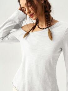 Bohemela Vacation Casual Solid Color Asymmetrical Neck Bell Sleeve T-Shirt