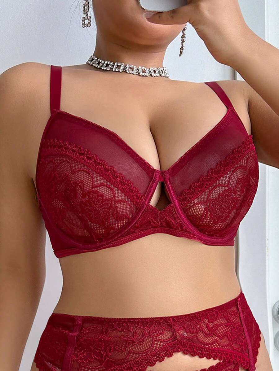 1pc Sexy Lace Plus Size Underwire Bra - Burgundy - View 1