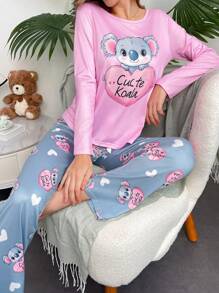 SHEIN Cute Koala Printed Long Sleeve Top & Long Pants Contrast Color Women Pajamas Set, Fall Winter Clothes Cozy And Elegant Details - Multicolor - View 3