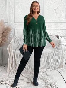 EMERY ROSE Plus Size Green Notched Neck Button-Up Long Sleeve Dot Print Loose And Comfortable Elegant Fall T-Shirt - Dark Green - View 5