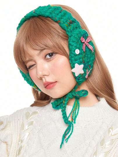 Fairycore 1pc Cute Hand Knitted Warm Ear Muffs, Niche Design Colorful Knitted Ear Cover With Bow And Star Decor, Suitable For Daily Wear