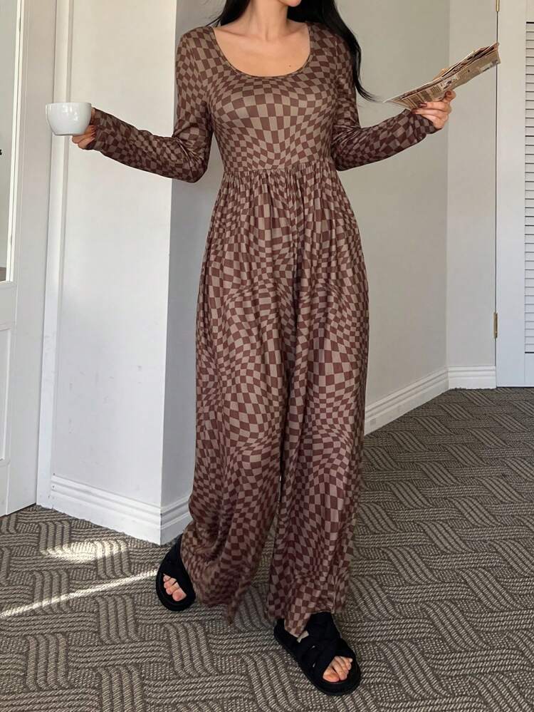 Geometric Pattern Full Print Fitted Wide Leg Jumpsuit Pajamas