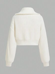 SHEIN ICON 女式 Y2k 派对时尚纯色拉链休闲百搭长袖开衫秋冬高领毛衣 - 白色 - 查看 3