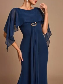 SHEIN Belle 优雅浪漫的海军蓝色裹腰鱼尾伴娘礼服 - 寶藍色 - 查看 1