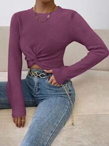 Chiquease 纯色圆领长袖毛衣，简约风格，适合日常休闲穿着，秋冬季针织套头衫 - 紫色 - 查看 5