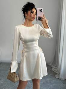 Chiquease Round Neck & Split Bell Sleeve Waist Tie Up Dress Satin Women Outfit Fall Cloth For Women