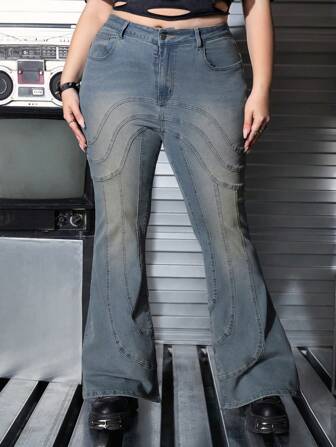 Grunge Punk Plus Size Casual Distressed Vintage Fitted Flared Jeans