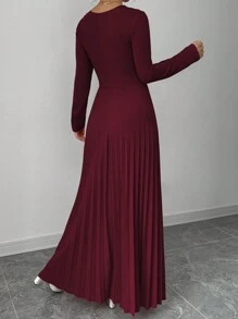 Elenzga 女士纯色 V 领长袖休闲长裙 - 优雅简约的勃艮第红长款女装 - 酒紅色 - 查看 2