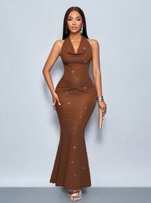 SOLERSUN Đầm đuôi cá lấp lánh cổ yếm màu trơn dành cho nữ - màu nâu - Xem 3