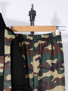 Bộ 2 chiếc/bộ áo nỉ trùm đầu và quần nỉ họa tiết ngụy trang thường ngày cho bé trai tuổi teen, thích hợp mặc khi đi làm, đi học, thường ngày, đi chơi ở trường, thể thao, mùa thu đông - màu đen - Xem 4