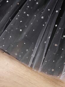 SHEIN Glamorique Kids Young Girl Fashion Party Star Mesh Overlay Dress - Black - View 5