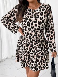 SHEIN Frenchy Vestido con estampado de leopardo y fruncido para mujer de talla grande
