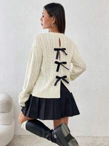 Calvaya Popular Loose Fit Round Neck Long Sleeve Knitted Warm Bowknot Sweater For Women, Color, Autumn/Winter