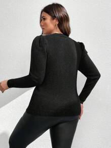 SHEIN MOOSTA Áo len dệt kim cổ khoét lỗ khoét ngọc trai giả cỡ lớn dành cho nữ tay dài thanh lịch, thường ngày, thời trang thu đông - màu đen - Xem 2
