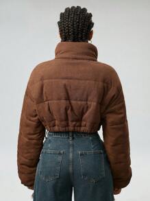 SHEIN EZwear Women's Going Out/Basic Corduroy Thermal Lined Keep Warm Zip Up Brown Baggy Quilted Coat,Party / New Year Eve / Streetwear