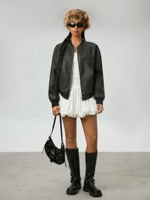 SHEIN EZwear 女式工装皮革拉链水洗垃圾棕色宽松长袖夹克、飞行员夹克，秋冬款 - 鏽棕色 - 查看 6