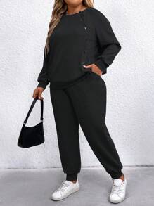 SHEIN LUNE 2pcs Plus Size Casual Solid Sweatshirt And Sweatpants Set, Autumn/Winter