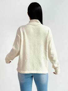Zolique Women's Black White Autumn Knitted Long Sleeved High Necked Half Zipper Sweater,Outdoor Loose Fit Casual Occasion Top,Winter Styles,All Season - White - View 2