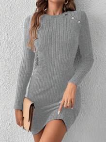 SHEIN Frenchy 女式纯色圆领罗纹纽扣设计迷你长袖连衣裙，秋季' - 灰色 - 查看 1