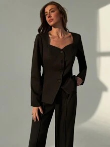 Aloruh Women's Solid Color Sweetheart Collar Long Sleeve Blazer And Pants Elegant Suit Set, Autumn - White - View 7