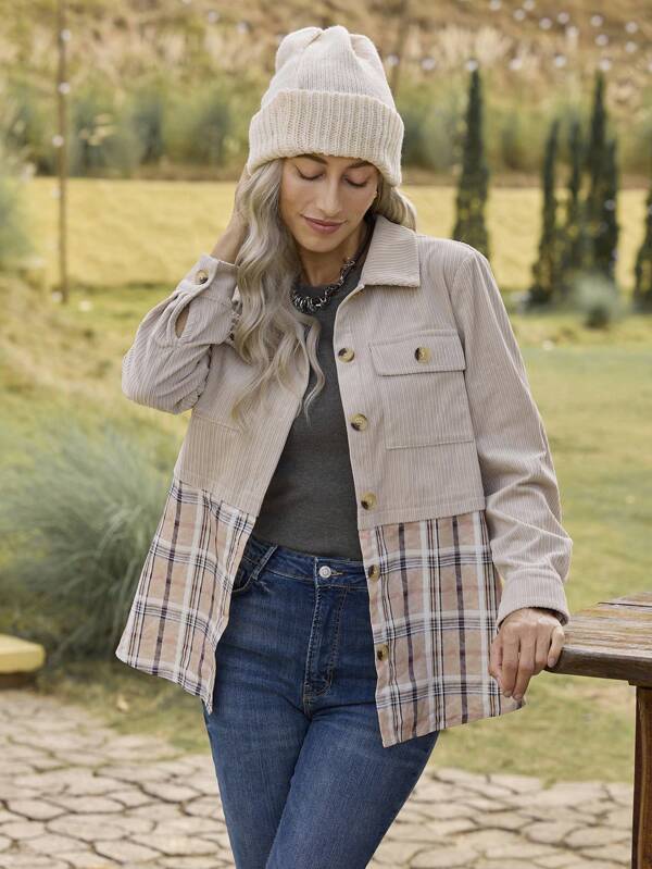 LanaWest Women Autumn Plaid Print Long Sleeve Single Breasted Pocket Casual Jacket