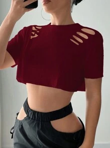 SHEIN ICON Women's Solid Color Round Neck Short Sleeve Distressed Cropped Loose T-Shirt - Burgundy - View 5