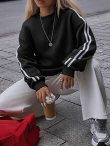 Chiquease 女式休闲百搭圆领宽松撞色侧条纹羊毛运动衫，秋冬 - 黑色 - 查看 3